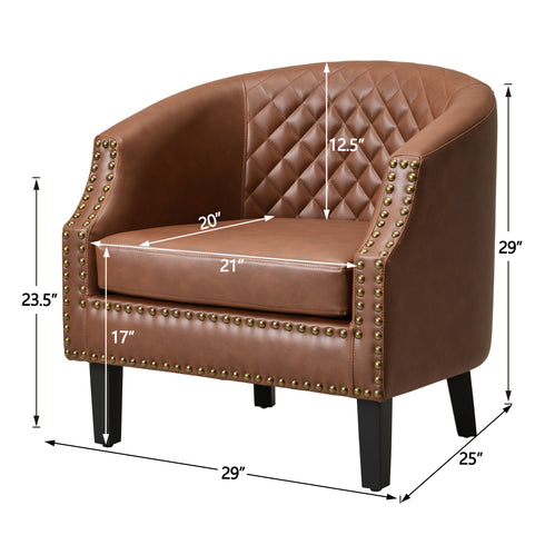 Louis Faux Leather Tufted Club Chair - Brown Accent Chair | Decorative Accent Chairs | Kinwell Furniture | Modern Club Chairs | Barrel Club Chair | Nailhead Trim Chair | Contemporary Faux Leather Chair | Elegant Brown Chair